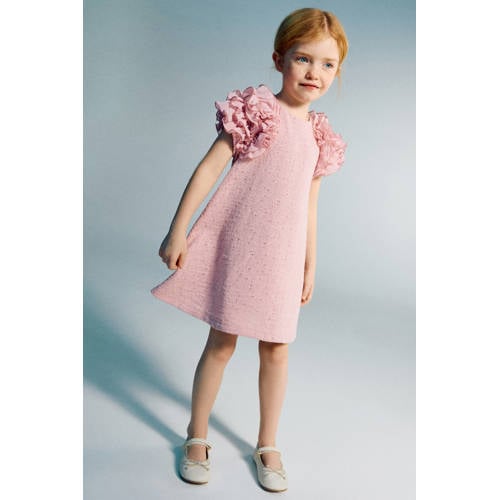 Mango Kids korte jurk gebreid roze Meisjes Polyester Ronde hals Effen
