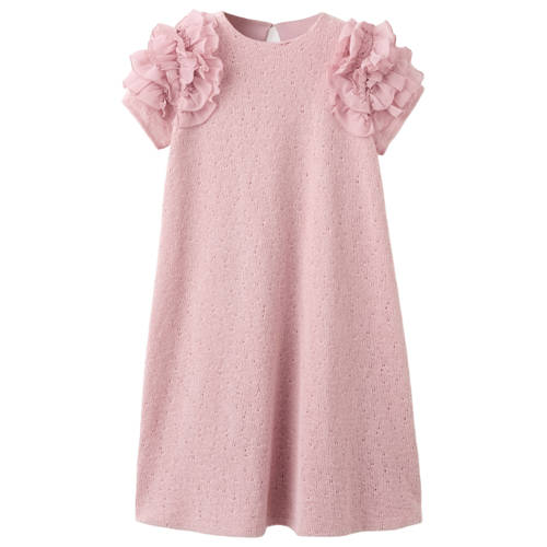Mango Kids korte jurk fijn gebreid lichtroze Meisjes Polyester Ronde hals