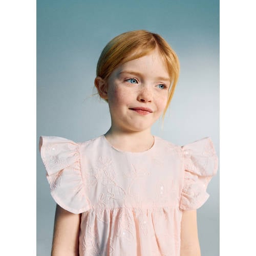Mango Kids korte jurk lichtroze Meisjes Katoen Ronde hals Effen