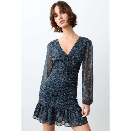 MANGO TEEN zomerjurk donkerblauw Meisjes Polyester V-hals All over print