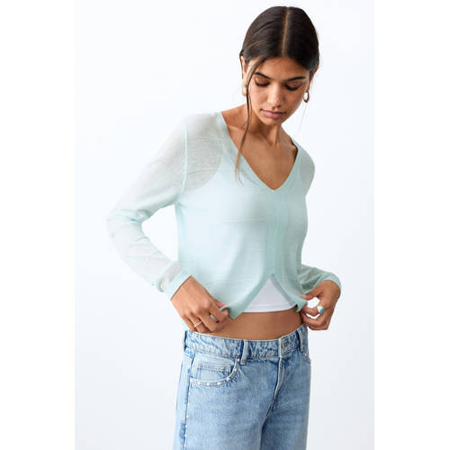 MANGO TEEN trui lichtblauw fijn gebreid Meisjes Viscose V-hals Effen - maat 164(S) afbeelding
