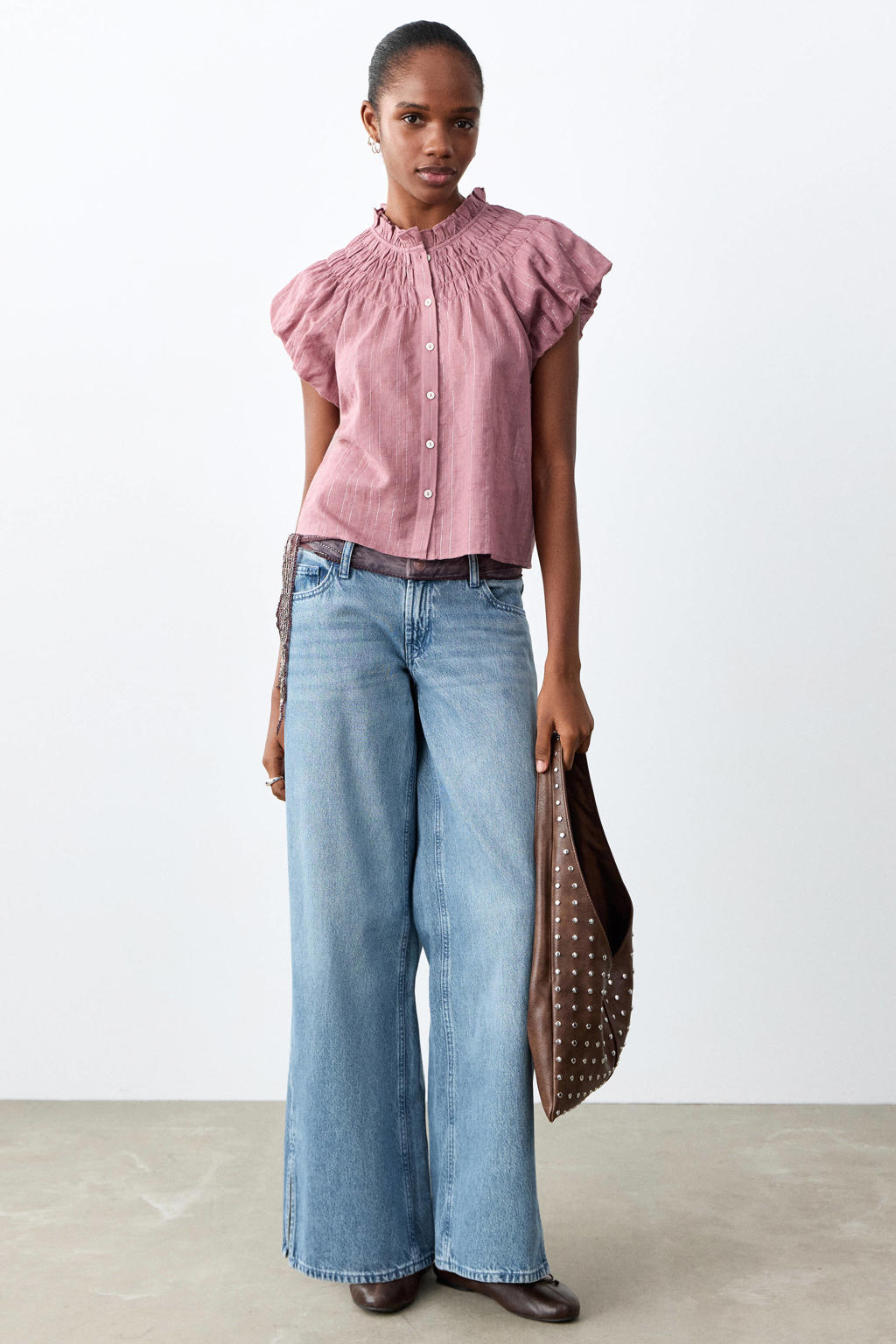 Roze meisjes MANGO TEEN blouse van katoen met krijtstreepprint, korte mouwen, ronde hals, knoopsluiting en ruches