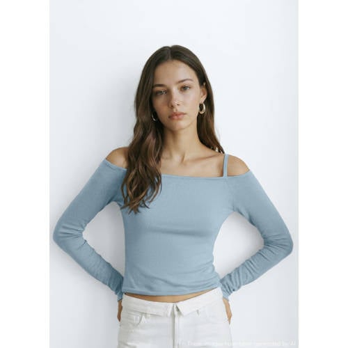 MANGO TEEN off shoulder top lichtblauw fijn gebreid Effen