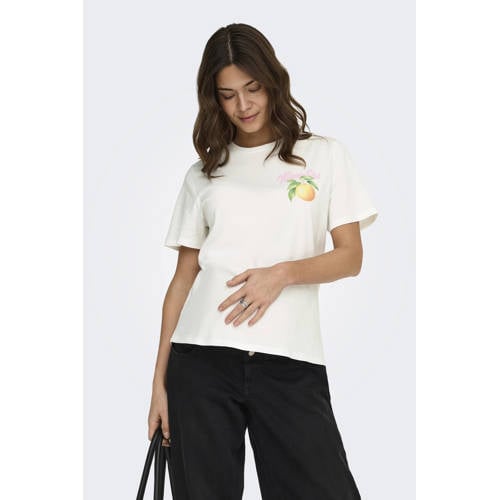 ONLY MATERNITY zwangerschaps T-shirt met backprint ecru Dames Katoen Ronde hals - maat L afbeelding