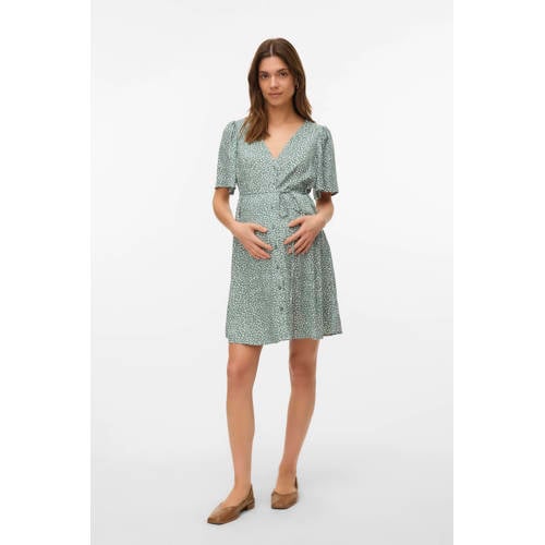 VERO MODA MATERNITY zwangerschaps korte jurk grijsgroen Dames Viscose V-hals - maat S afbeelding