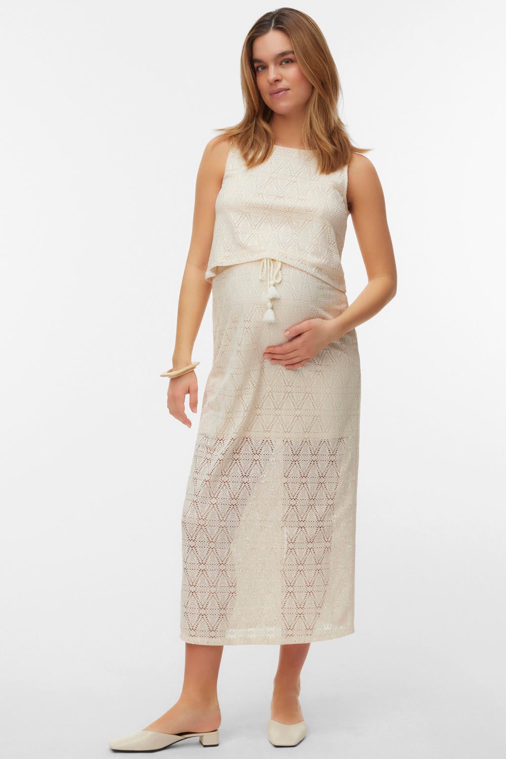 Ecru dames VERO MODA MATERNITY zwangerschaps midi rok van polyester met regular waist, elastische tailleband met koord en effen