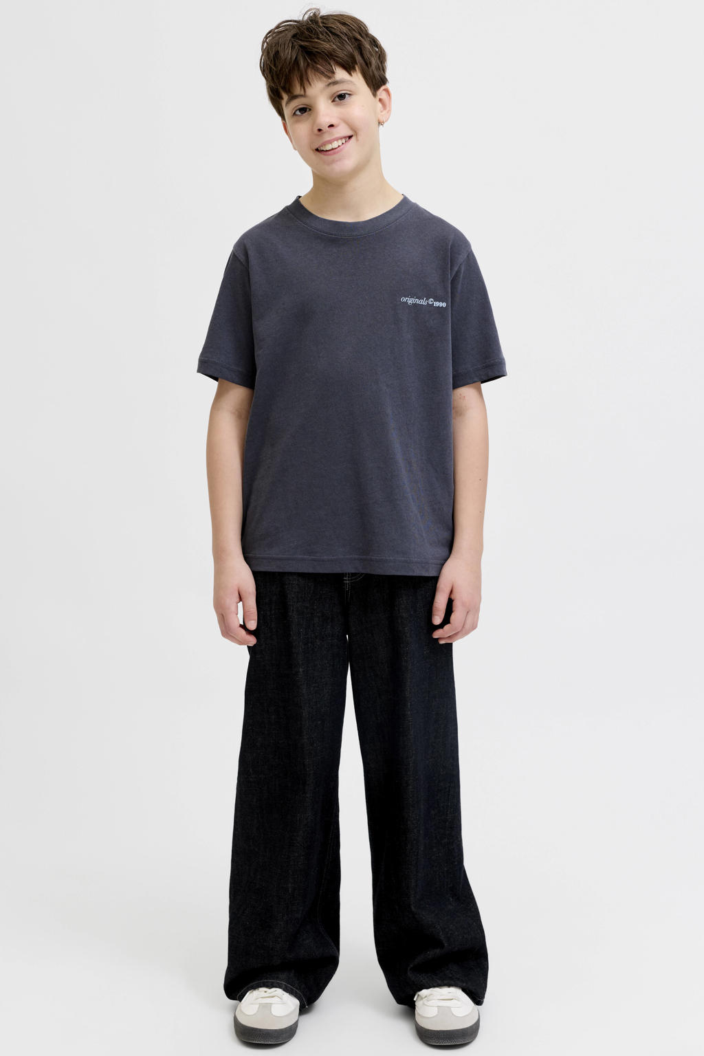 Donkerblauwe jongens JACK & JONES JUNIOR T-shirt van katoen met backprint, korte mouwen en ronde hals