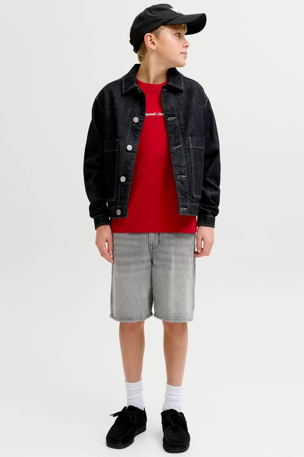 Grey denim jongens JACK & JONES JUNIOR relaxed short van denim met knoopsluiting en effen