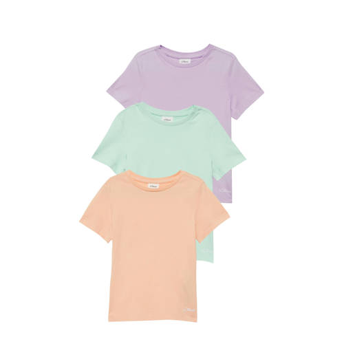 s.Oliver T-shirt - set van 3 lichtgroen/oranje/lila Meisjes Katoen Ronde hals - maat 104/110 afbeelding