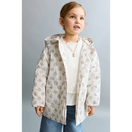 Mango Kids tussenjas ecru Meisjes Polyamide Capuchon Bloemen - maat 110 afbeelding