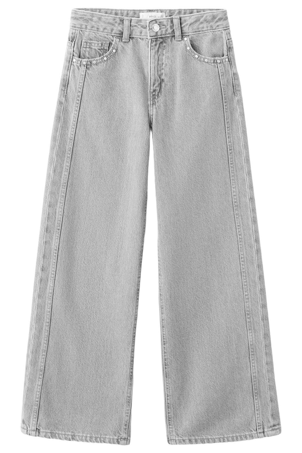 Grey denim meisjes Mango Kids wide leg jeans van denim met rits- en knoopsluiting en effen