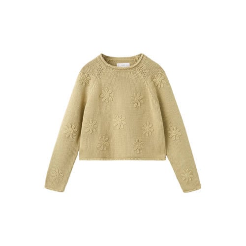 Mango Kids gebloemde trui geel rib gebreid Meisjes Katoen Ronde hals Bloemen - maat 128 afbeelding