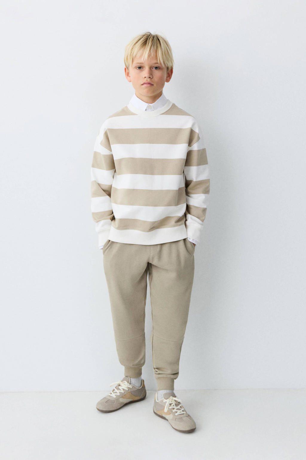 Lichtbruin en beige jongens Mango Kids sweater met strepenprint, lange mouwen, ronde hals en geribde boorden