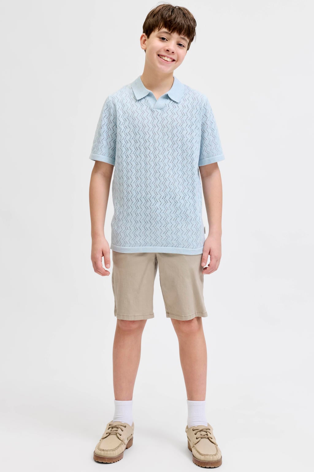 Zandkleurige jongens JACK & JONES JUNIOR chino short van stretchkatoen met rits- en knoopsluiting en effen
