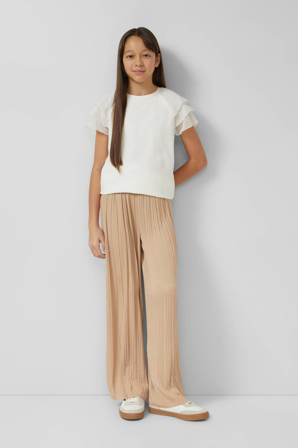 Beige meisjes s.Oliver wide leg casual broek met high waist en effen