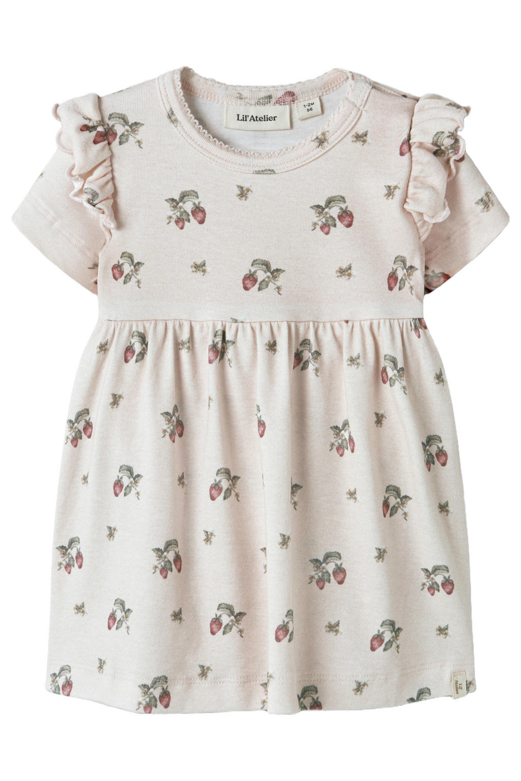 Lichtroze meisjes LIL' ATELIER BABY gebloemde korte jurk van stretchkatoen met korte mouwen, ronde hals en drukknoopsluiting