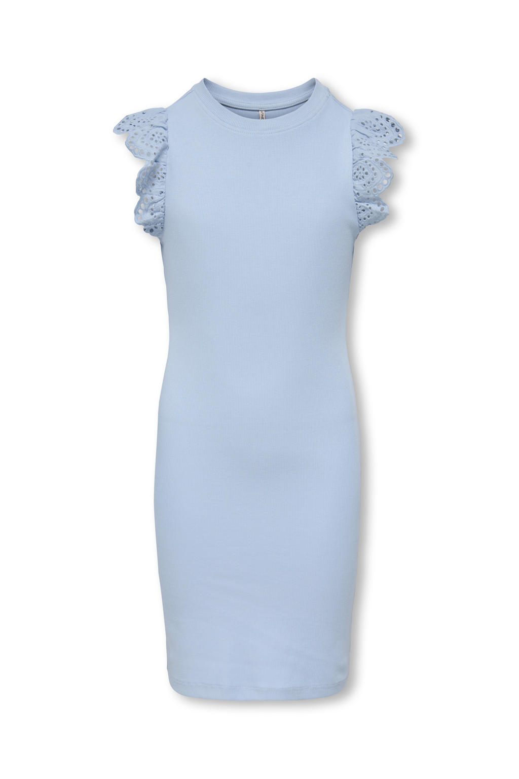 Lichtblauwe meisjes KIDS ONLY GIRL zomerjurk broderie van stretchkatoen met effen, korte mouwen en ronde hals
