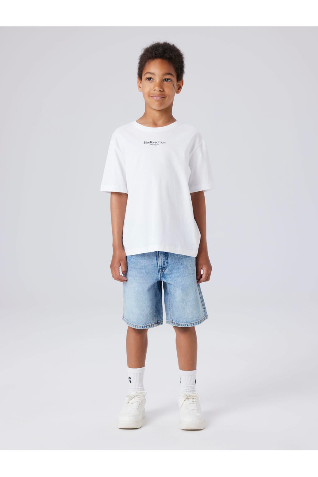 Light blue denim jongens NAME IT KIDS regular short bleached van katoen met rits- en knoopsluiting en effen