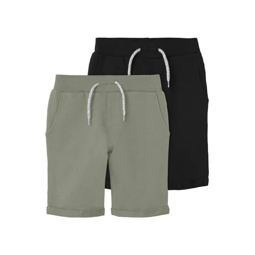 NAME IT KIDS slim sweatshort - set van 2 grijsgroen/zwart Jongens Katoen - maat 98 afbeelding