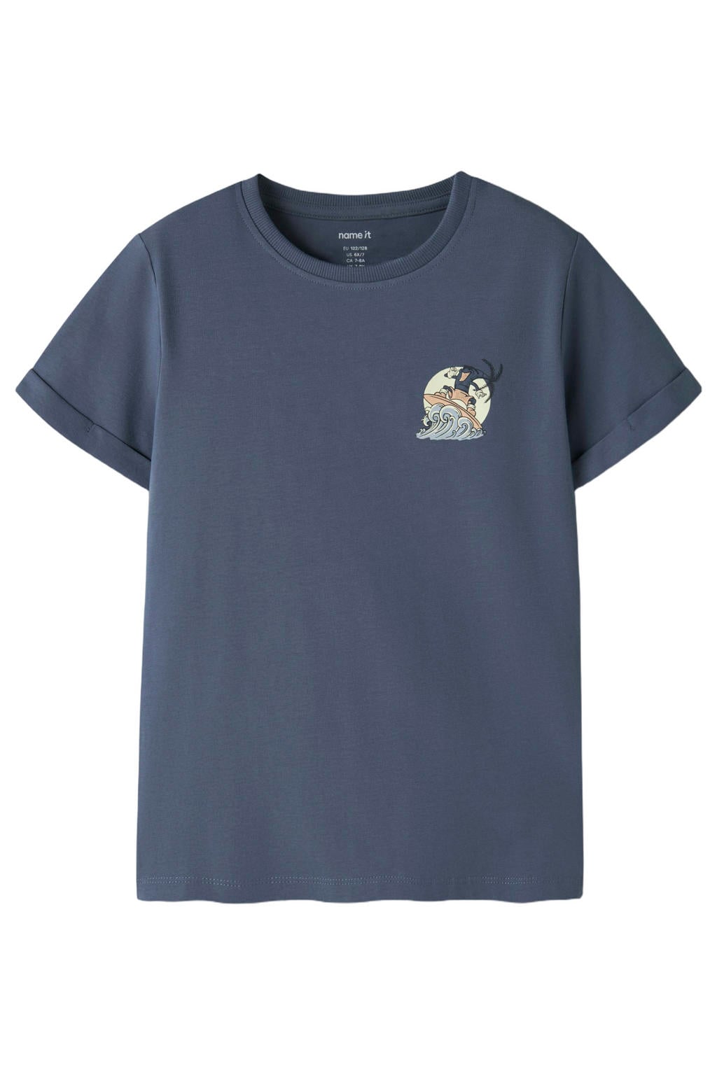 Blauwe jongens NAME IT KIDS T-shirt van stretchkatoen met printopdruk, korte mouwen en ronde hals