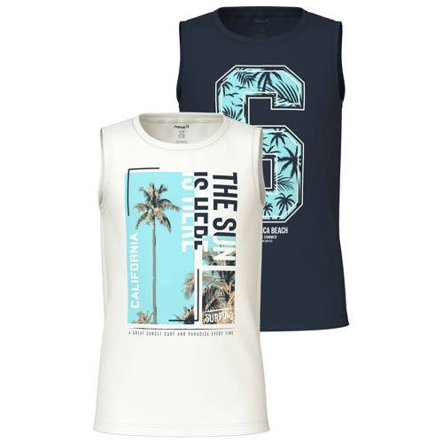 NAME IT KIDS singlet - set van 2 wit/donkerblauw Jongens Katoen Ronde hals - maat 134/140 afbeelding