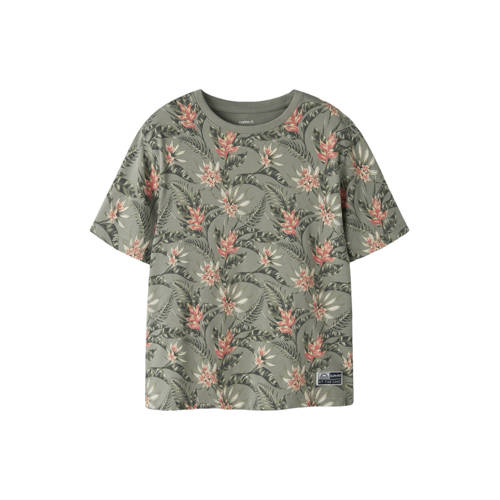 NAME IT KIDS gebloemde T-shirt groen Jongens Stretchkatoen Ronde hals Bloemen - maat 134/140 afbeelding