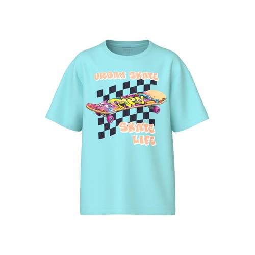 NAME IT KIDS T-shirt aquablauw Jongens Katoen Ronde hals Printopdruk - maat 122/128 afbeelding