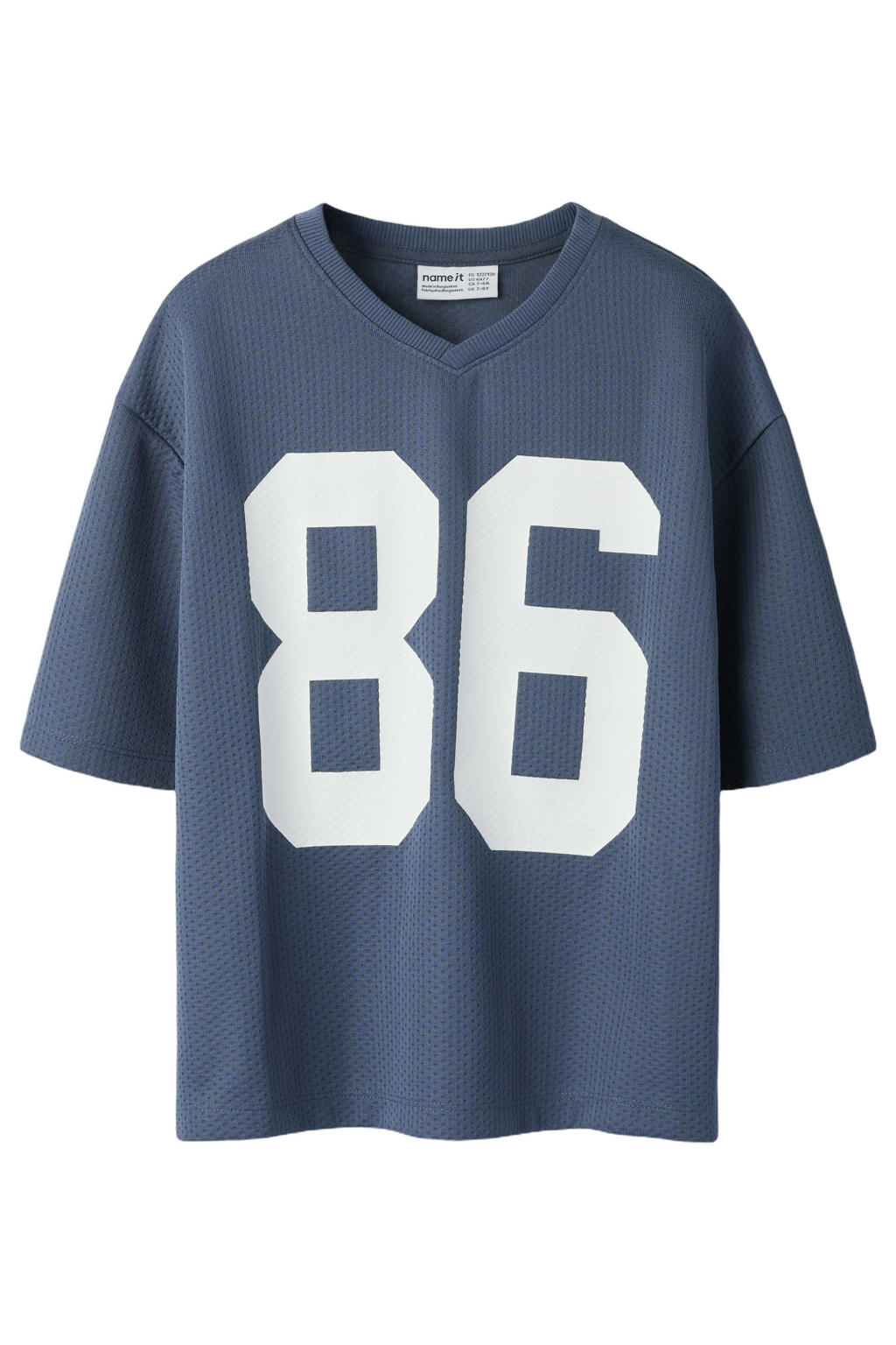 Blauwe jongens NAME IT KIDS T-shirt van katoen met printopdruk, korte mouwen en V-hals