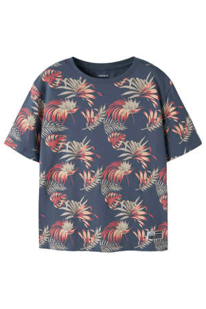 gebloemde T-shirt donkerblauw