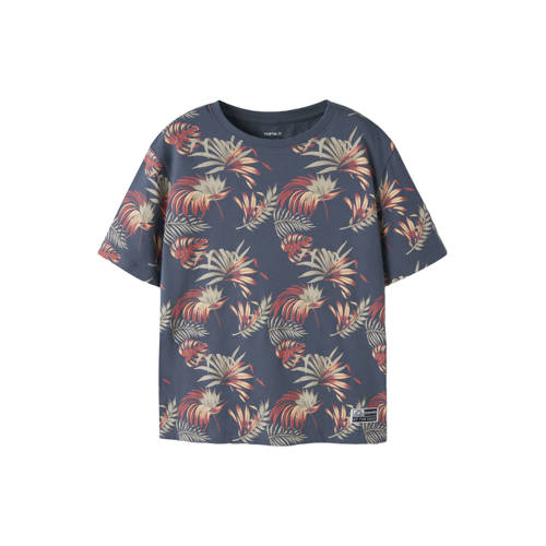 NAME IT KIDS gebloemde T-shirt donkerblauw Jongens Stretchkatoen Ronde hals - maat 146/152 afbeelding