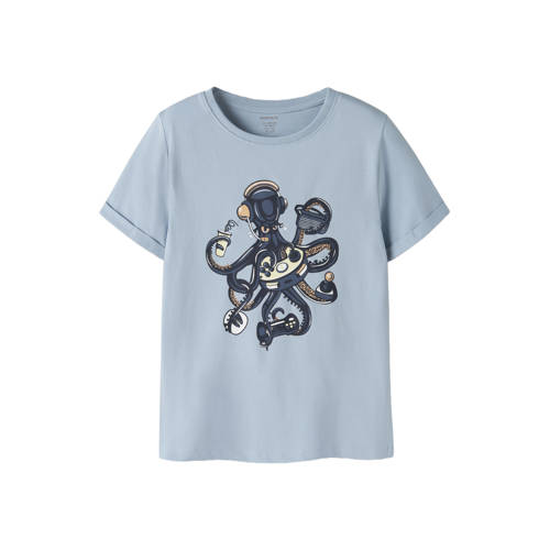 NAME IT KIDS T-shirt Blauw Jongens Stretchkatoen Ronde hals Printopdruk - maat 134/140 afbeelding