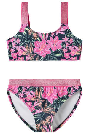 crop bikini donkerblauw/roze