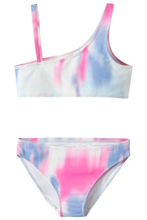 one shoulder bikini blauw/roze/wit