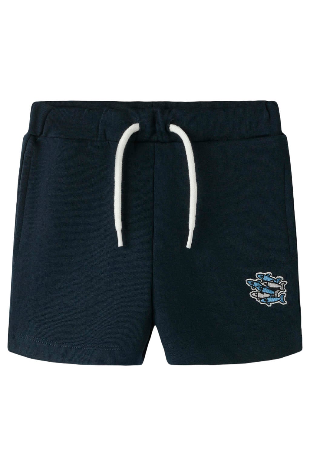 Donkerblauwe jongens NAME IT MINI regular sweatshort met elastische tailleband met koord en printopdruk