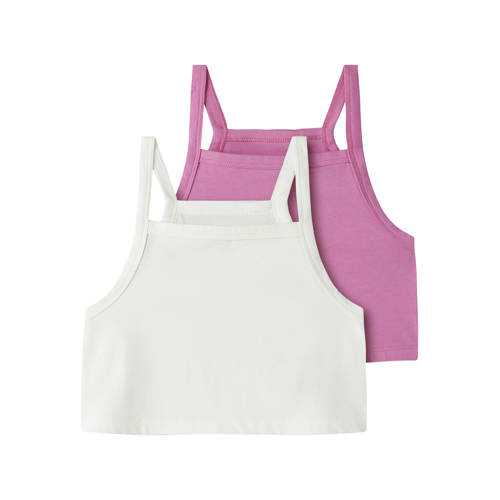 NAME IT KIDS cropped top - set van 2 roze/wit Meisjes Stretchkatoen Vierkante hals - maat 122/128 afbeelding