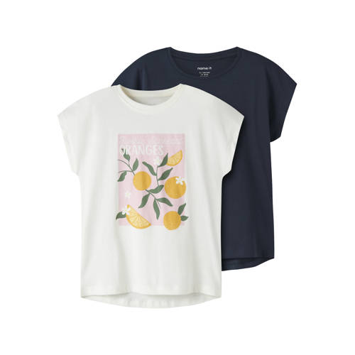 NAME IT KIDS T-shirt - set van 2 wit/donkerblauw Meisjes Katoen Ronde hals - maat 122/128 afbeelding