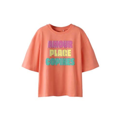 NAME IT KIDS T-shirt oranje Meisjes Katoen Ronde hals Tekst - maat 158/164 afbeelding