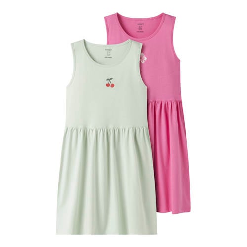NAME IT KIDS zomerjurk - set van 2 felroze/mintgroen Meisjes Katoen Ronde hals - maat 140 afbeelding