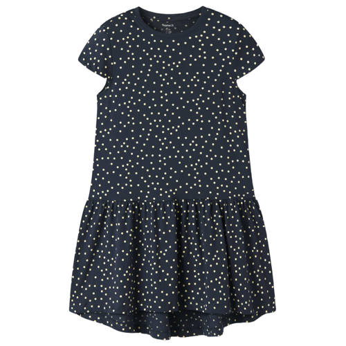 NAME IT KIDS korte jurk met stippen donkerblauw Meisjes Katoen Ronde hals - maat 128 afbeelding