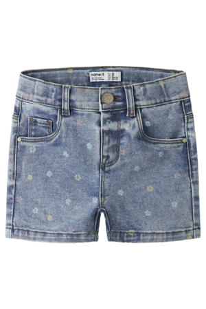 denim slim short met bloemen