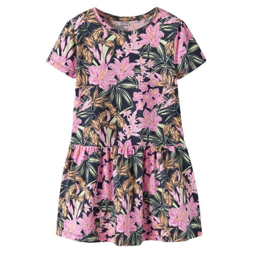 NAME IT MINI gebloemde A-lijn jurk donkerblauw Meisjes Stretchkatoen Ronde hals - maat 122 afbeelding