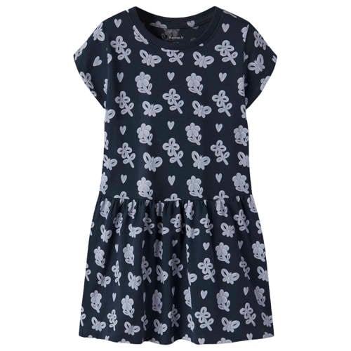 NAME IT MINI midi jurk donkerblauw Meisjes Katoen Ronde hals All over print
