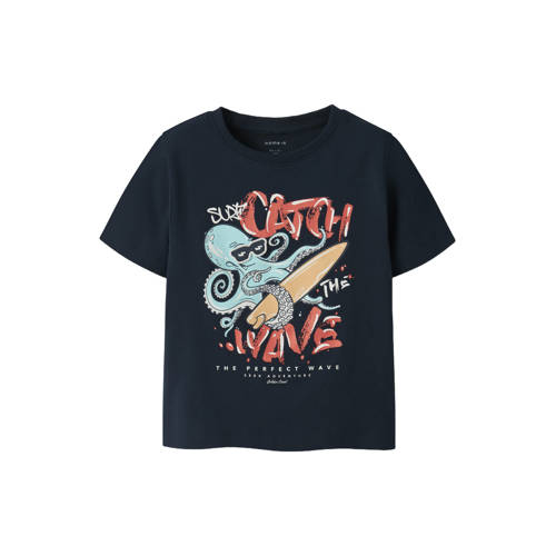 NAME IT MINI T-shirt donkerblauw Jongens Stretchkatoen Ronde hals Printopdruk - maat 110 afbeelding