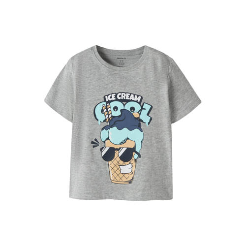 NAME IT MINI T-shirt grijs melange Jongens Katoen Ronde hals Printopdruk - maat 122/128 afbeelding