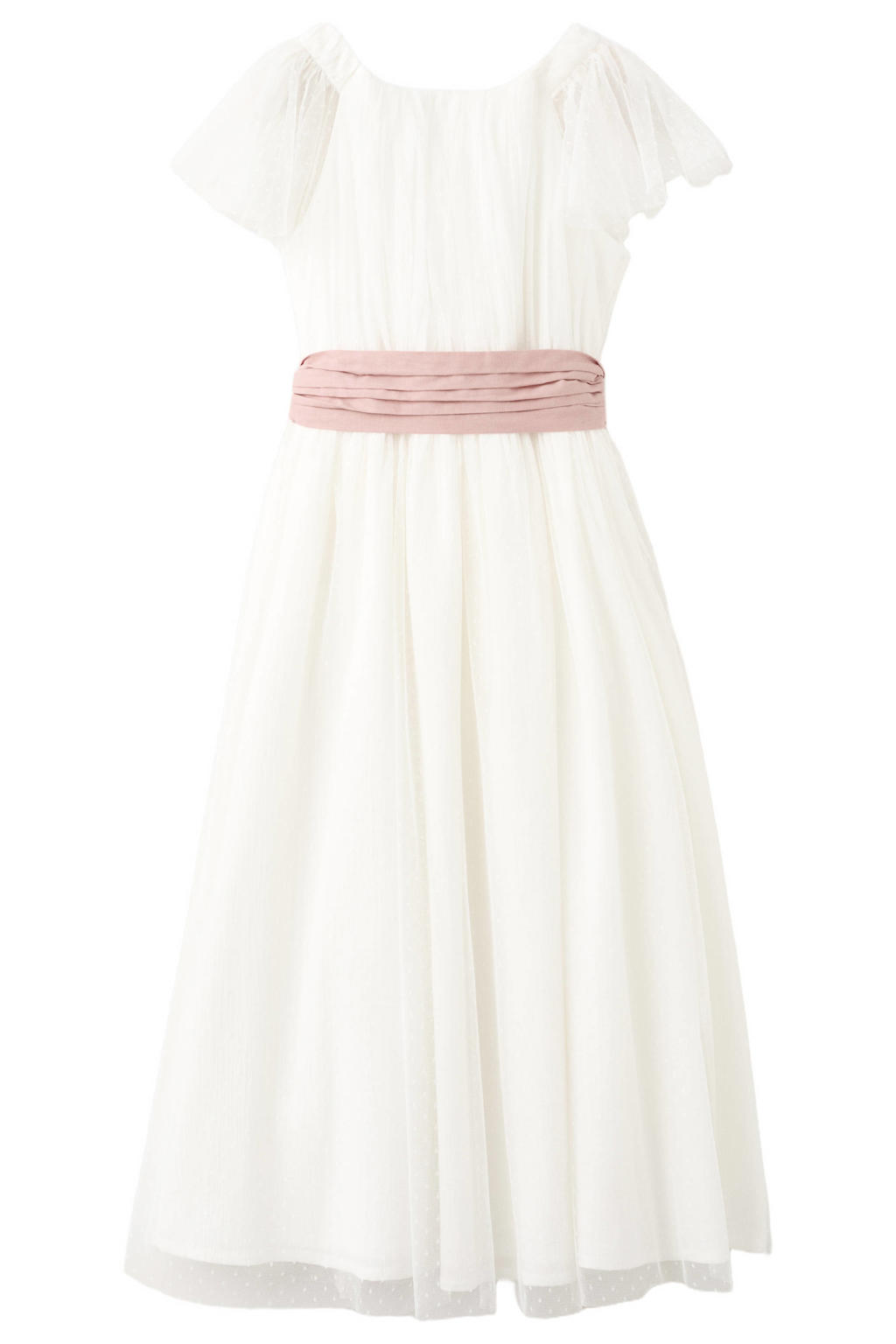 Wit en roze meisjes Mango Kids maxi jurk van katoen met effen, korte mouwen, boothals, knoopsluiting en tule