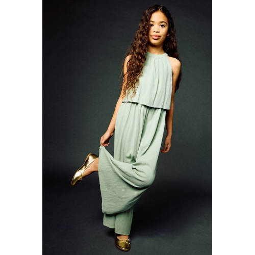 Mango Kids jumpsuit groen Meisjes Viscose Halter Effen - maat 128 afbeelding
