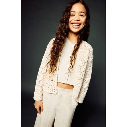 Mango Kids gebreid vest ecru Meisjes Katoen Ronde hals Effen