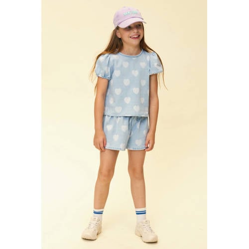 LOOXS little T-shirt met hartjes light blue denim Blauw Hartjes - maat 134 afbeelding