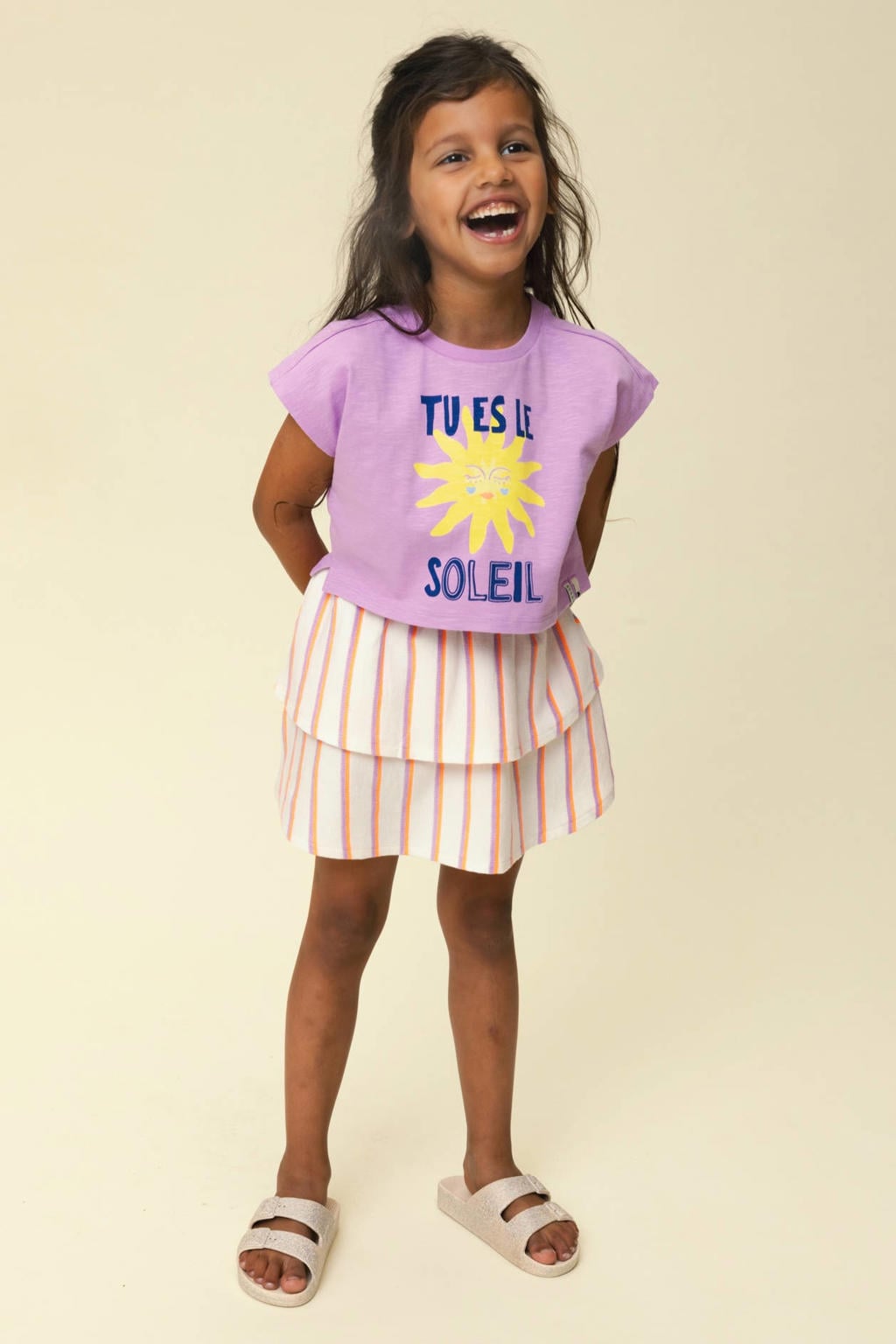 Paarse meisjes LOOXS little T-shirt van katoen met printopdruk, korte mouwen en ronde hals
