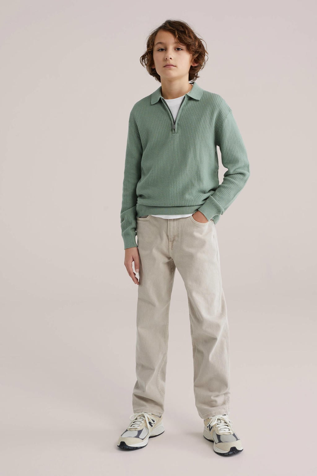 Groene jongens WE Fashion pullover van katoen met effen, lange mouwen, polo kraag en geribde boorden